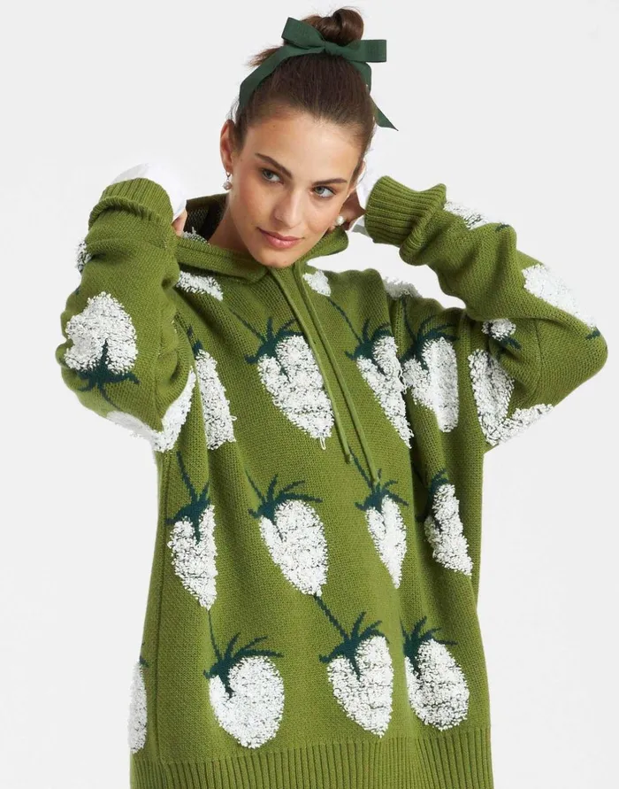 La Double J Lampone Hoodie Green In Jacquard Ready To Wear Knitwear
