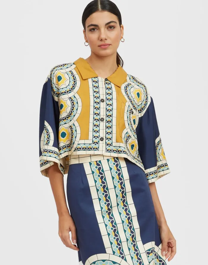 La Double J Short Shirt Mudejar Place Blue In Silk Twill Ready To Wear Shirts and Tops