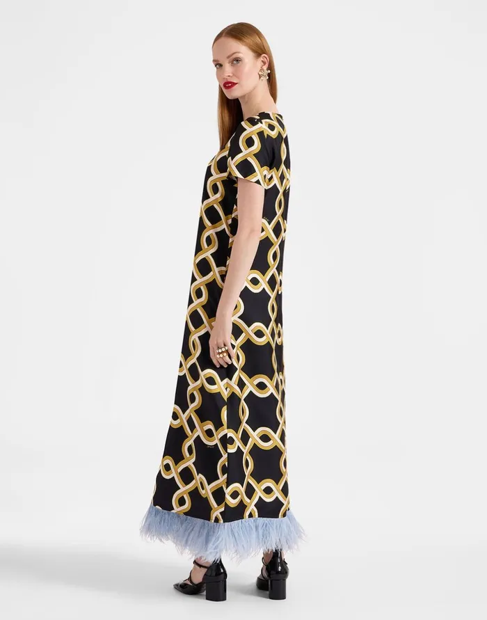 La Double J Swing Dress Tackle Black In Silk Twill With Feathers Ready To Wear Dresses