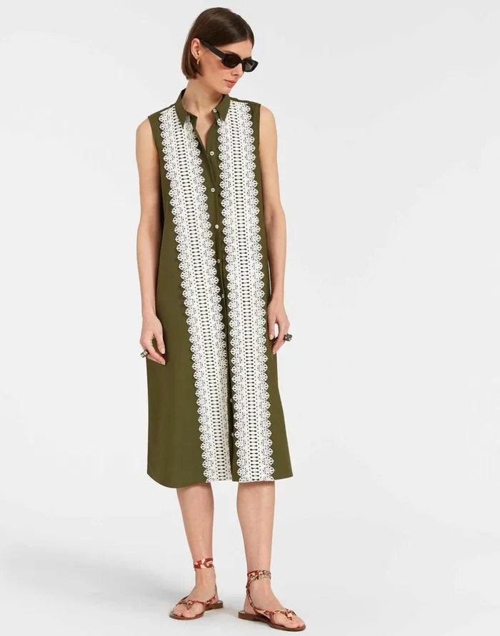 La Double J Tootsie Dress Solid Camouflage In Crisp Poplin With Lacey Ribbons Ready To Wear Dresses La Double J Tootsie Dress Solid Camouflage In Crisp Poplin With Lacey Ribbons Ready To Wear Dresses