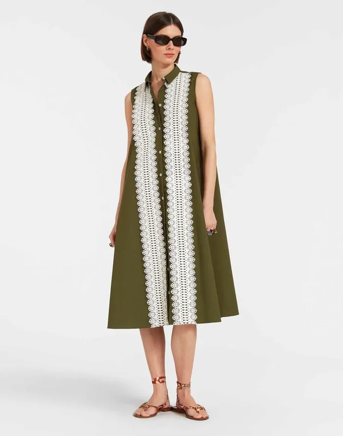 La Double J Tootsie Dress Solid Camouflage In Crisp Poplin With Lacey Ribbons Ready To Wear Dresses La Double J Tootsie Dress Solid Camouflage In Crisp Poplin With Lacey Ribbons Ready To Wear Dresses