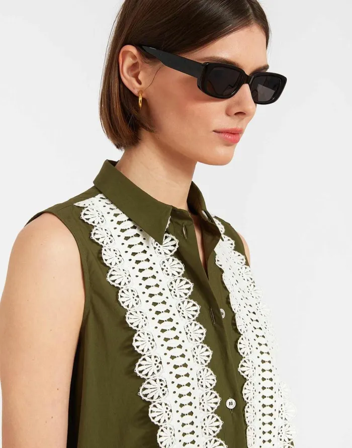 La Double J Tootsie Dress Solid Camouflage In Crisp Poplin With Lacey Ribbons Ready To Wear Dresses La Double J Tootsie Dress Solid Camouflage In Crisp Poplin With Lacey Ribbons Ready To Wear Dresses