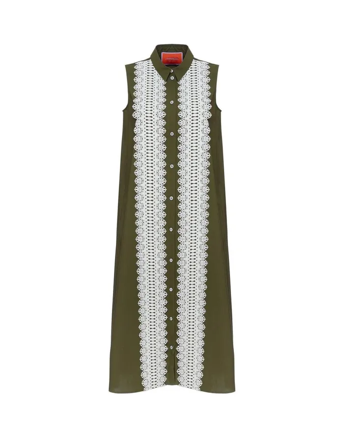 La Double J Tootsie Dress Solid Camouflage In Crisp Poplin With Lacey Ribbons Ready To Wear Dresses La Double J Tootsie Dress Solid Camouflage In Crisp Poplin With Lacey Ribbons Ready To Wear Dresses
