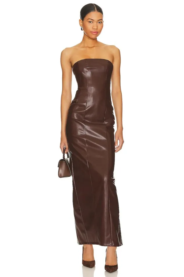 Leather Women Lovers and Friends X Rachel Ana Faux Leather Maxi Dress Pecan Brown