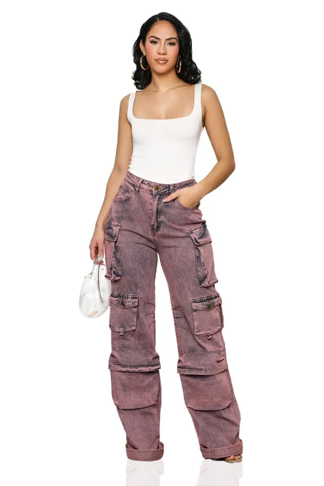 Lilly039s Kloset Always On Go Distressed Cargo Jeans Purple Acid Wash FINAL SALE Women Denim