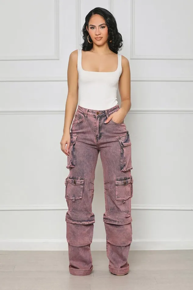 Lilly039s Kloset Always On Go Distressed Cargo Jeans Purple Acid Wash FINAL SALE Women Denim