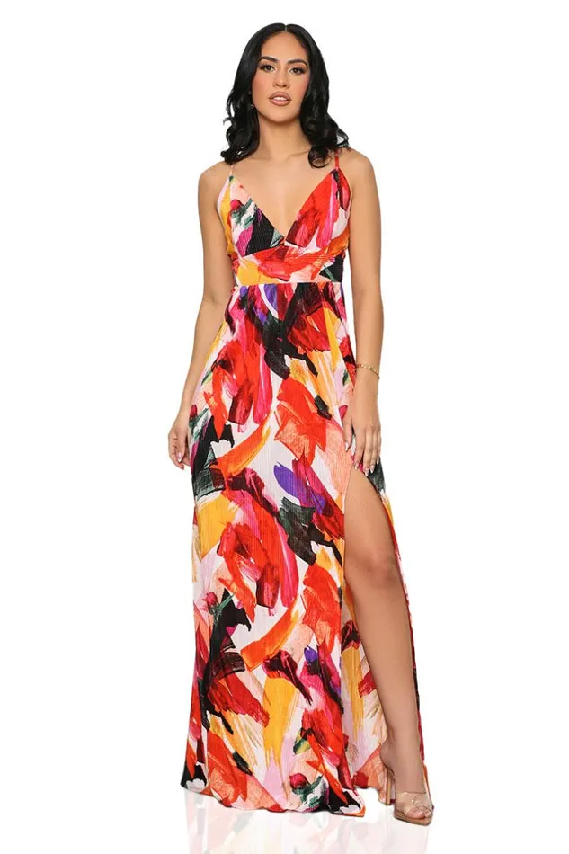Lilly039s Kloset Bold Art High Slit Maxi Dress Red MultiFINAL SALE Women Dresses