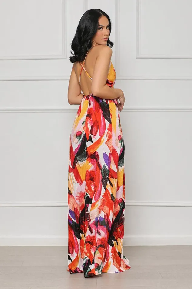 Lilly039s Kloset Bold Art High Slit Maxi Dress Red MultiFINAL SALE Women Dresses