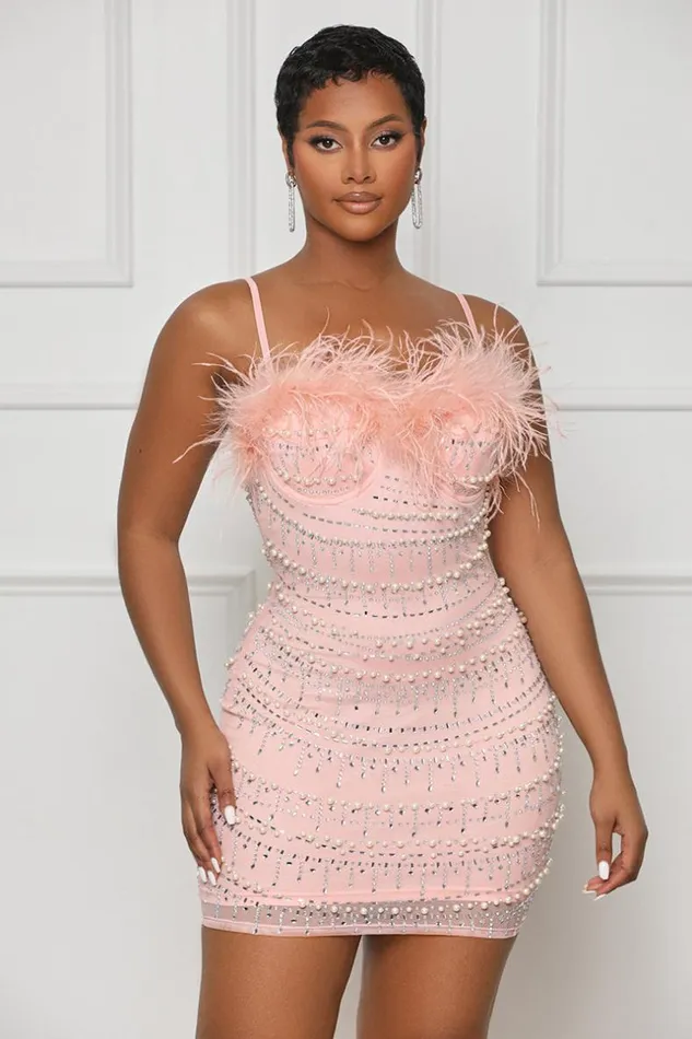 Lilly039s Kloset Embellished Dreams Feather Mini Dress Pink FINAL SALE Women Dresses