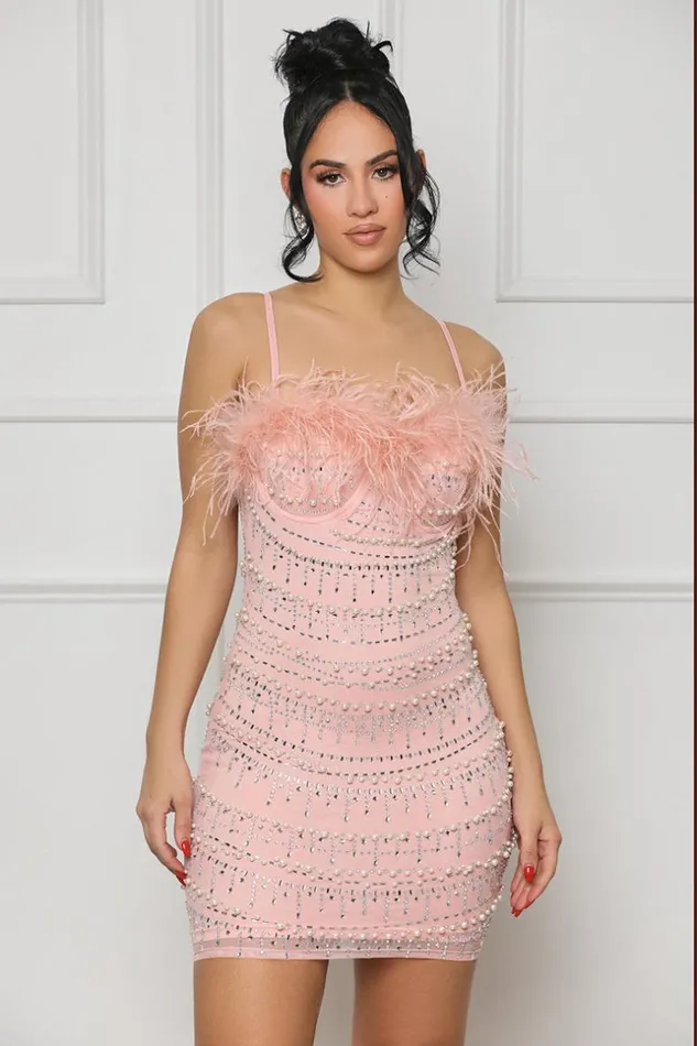 Lilly039s Kloset Embellished Dreams Feather Mini Dress Pink FINAL SALE Women Dresses