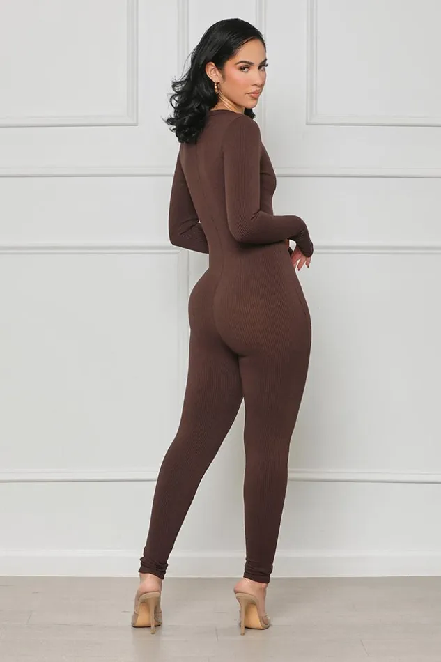 Lilly039s Kloset Seamless Ribbed CutOut Jumpsuit Brown FINAL SALE Women Jumpsuits and Rompers