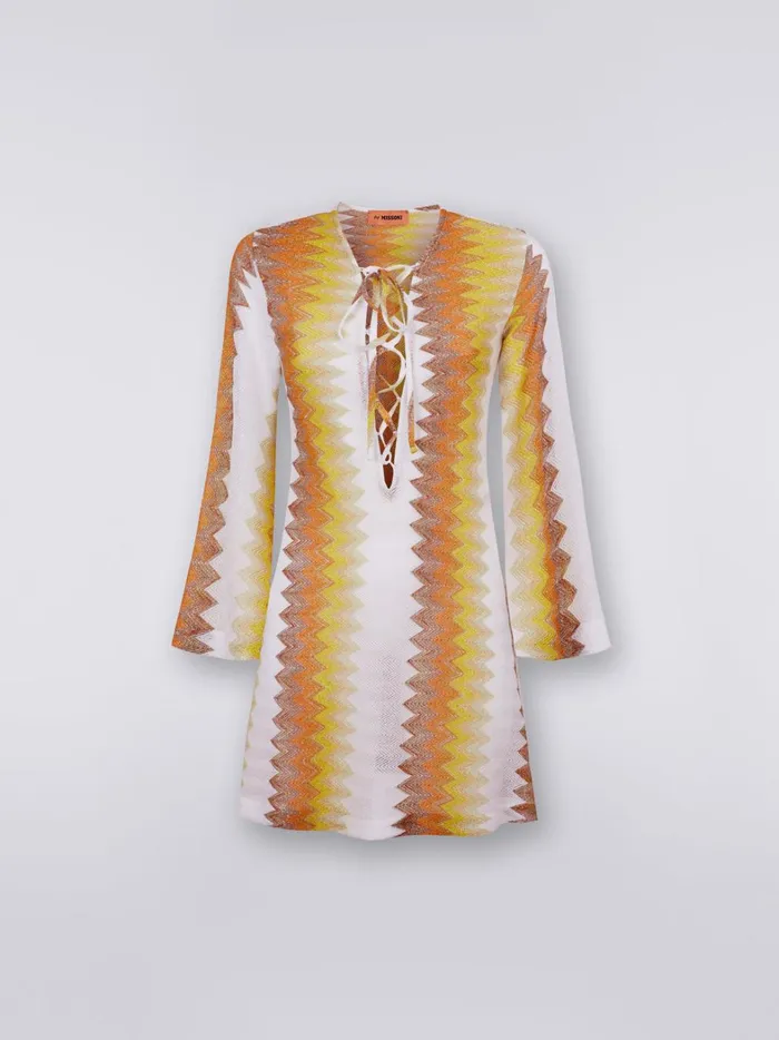 LongSleeved Kaftan In Viscose Blend With Zigzag Lam White Yellow and Ochre Women Missoni Beachwear LongSleeved Kaftan In Viscose Blend With Zigzag Lam White Yellow and Ochre Women Missoni Beachwear