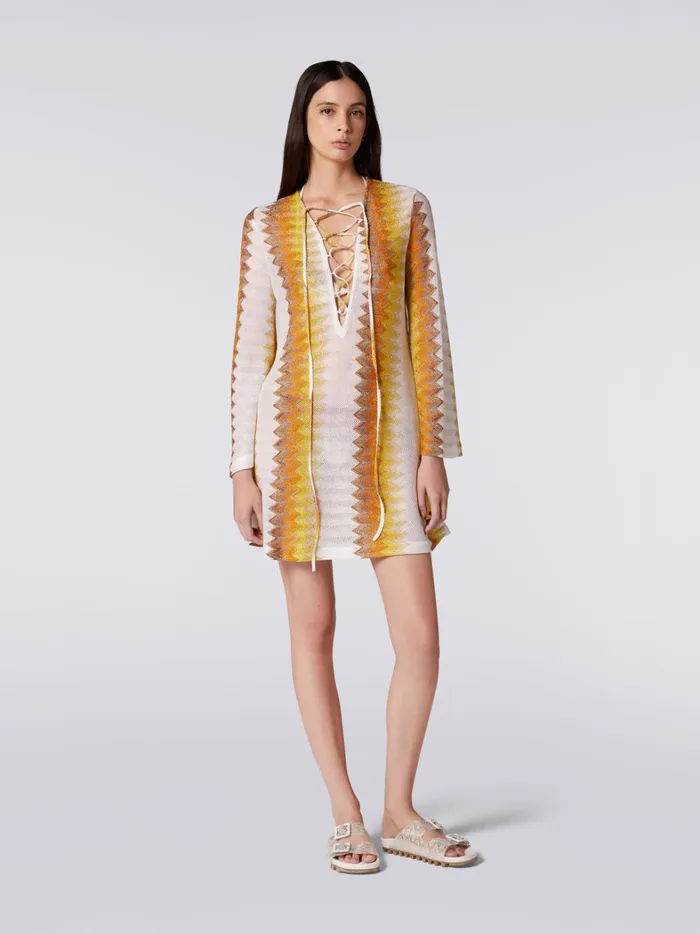 LongSleeved Kaftan In Viscose Blend With Zigzag Lam White Yellow and Ochre Women Missoni Beachwear