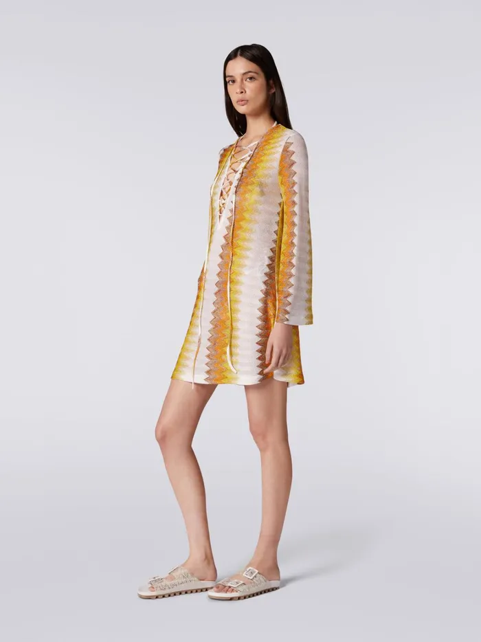 LongSleeved Kaftan In Viscose Blend With Zigzag Lam White Yellow and Ochre Women Missoni Beachwear