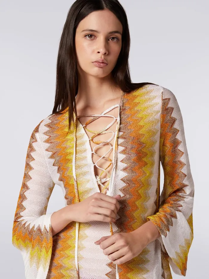 LongSleeved Kaftan In Viscose Blend With Zigzag Lam White Yellow and Ochre Women Missoni Beachwear