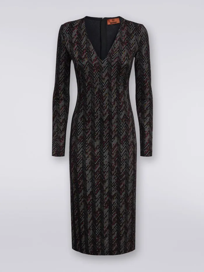 Long VNeck Dress In Zigzag Viscose And Wool Multicoloured Women Missoni Dresses