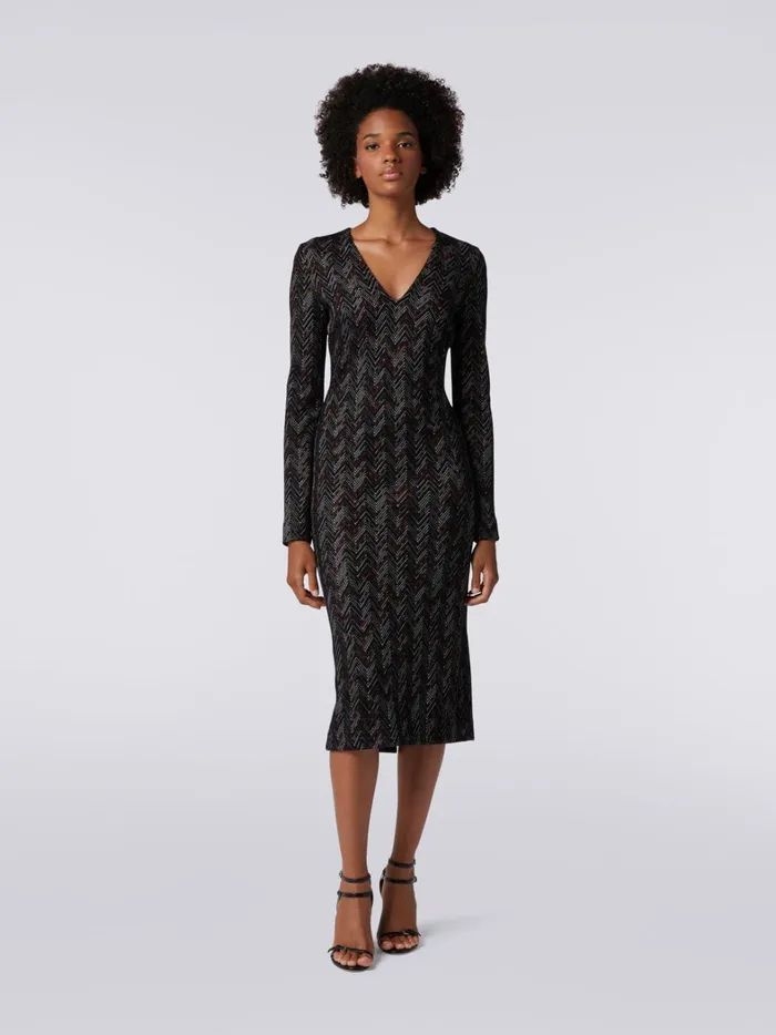 Long VNeck Dress In Zigzag Viscose And Wool Multicoloured Women Missoni Dresses