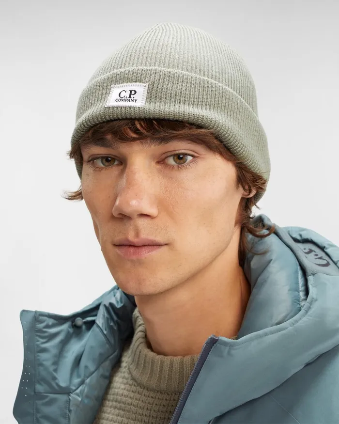 Man CP Company Hats ReWool Beanie Silver Sage 8211 Brown