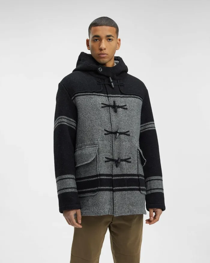 Man CP Company Jacket and Coats CP Duffel Jacquard Striped Coat Var01 8211 Black