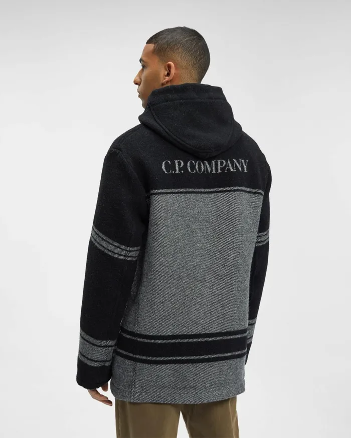 Man CP Company Jacket and Coats CP Duffel Jacquard Striped Coat Var01 8211 Black
