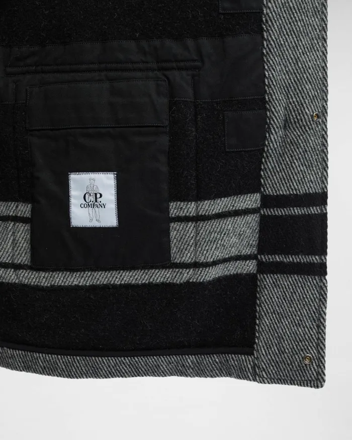 Man CP Company Jacket and Coats CP Duffel Jacquard Striped Coat Var01 8211 Black