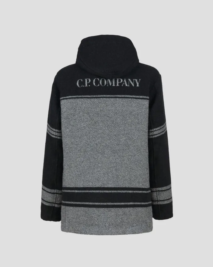 Man CP Company Jacket and Coats CP Duffel Jacquard Striped Coat Var01 8211 Black