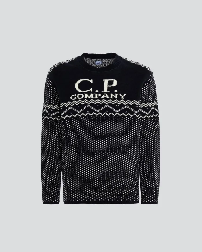 Man CP Company Jumpers Chenille Cotton Jacquard Knit Black