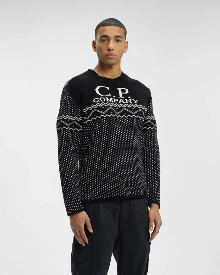 Man CP Company Jumpers Chenille Cotton Jacquard Knit Black