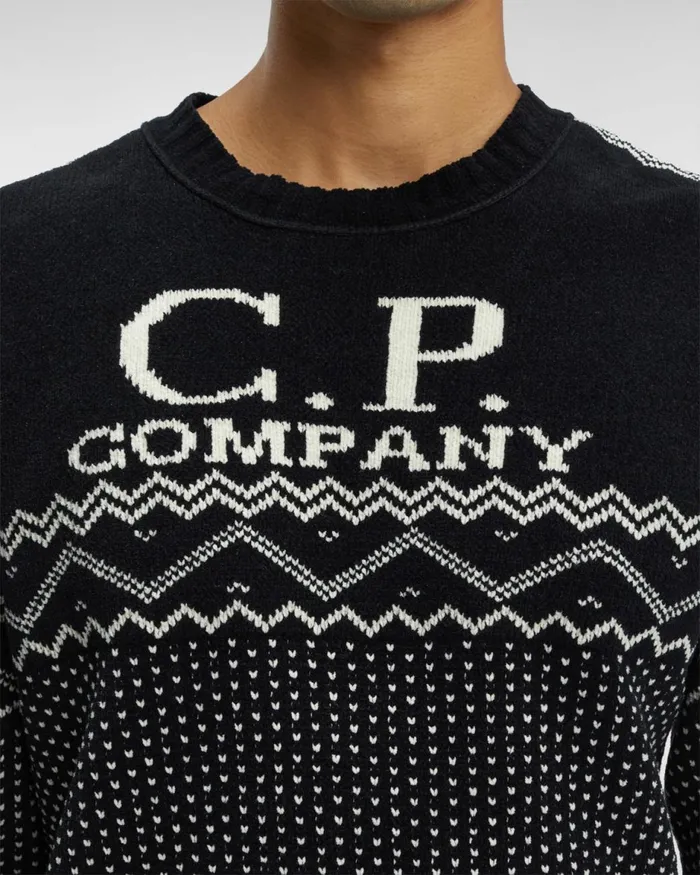 Man CP Company Jumpers Chenille Cotton Jacquard Knit Black