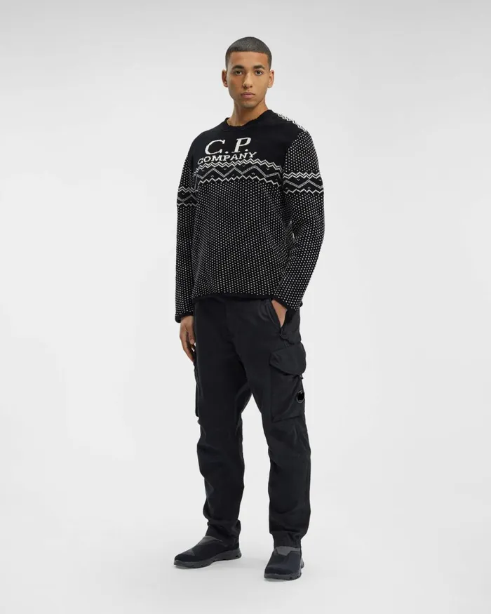 Man CP Company Jumpers Chenille Cotton Jacquard Knit Black