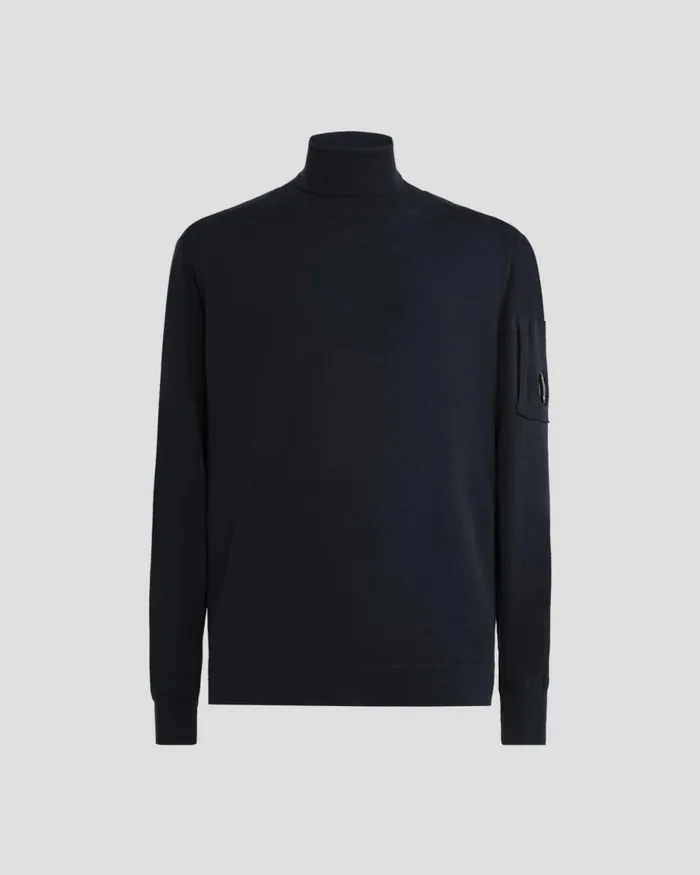 Man CP Company Jumpers Extafine Merino Wool Roll Neck Knit Total Eclipse 8211 Blue