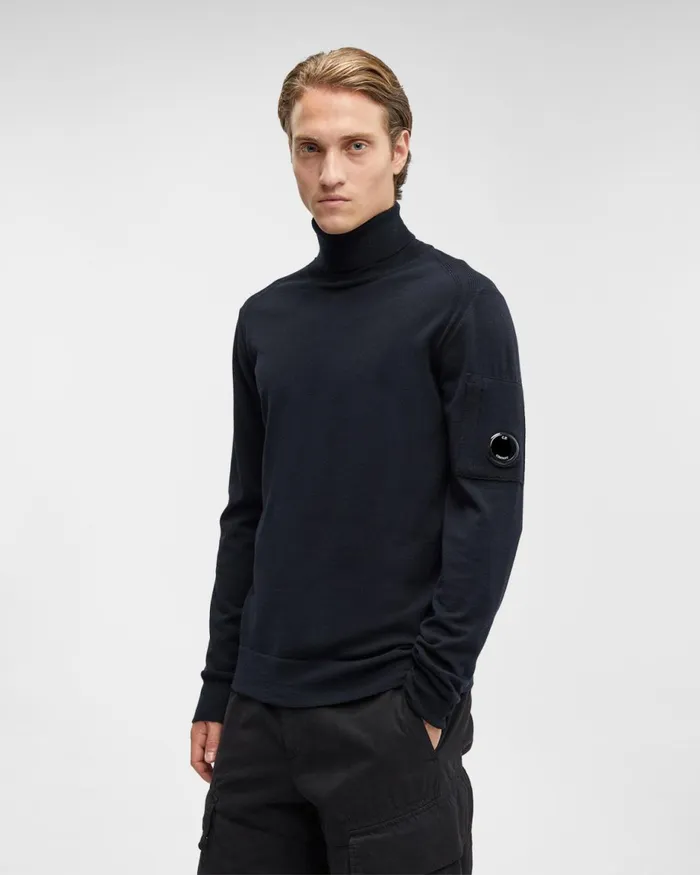 Man CP Company Jumpers Extafine Merino Wool Roll Neck Knit Total Eclipse 8211 Blue