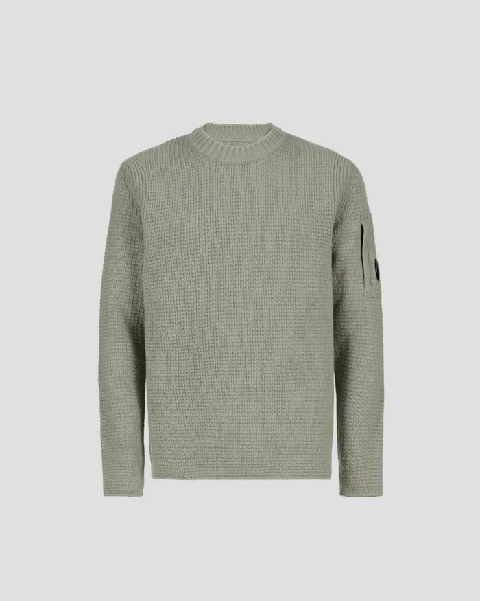 Man CP Company Jumpers Lambswool Crew Neck Knit Silver Sage 8211 Brown