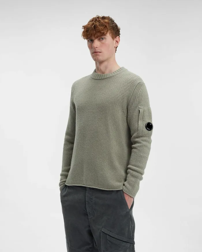 Man CP Company Jumpers Lambswool Crew Neck Knit Silver Sage 8211 Brown