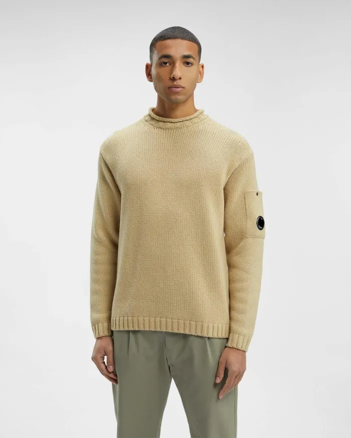 Man CP Company Jumpers Lambswool Lens Jumper Mojade Desert 8211 Yellow