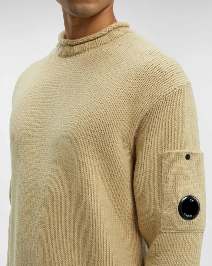 Man CP Company Jumpers Lambswool Lens Jumper Mojade Desert 8211 Yellow