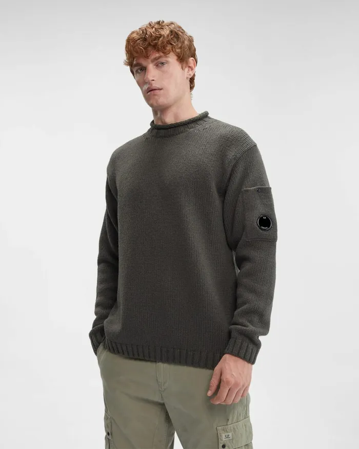 Man CP Company Jumpers Lambswool Lens Jumper Olive Night 8211 Green