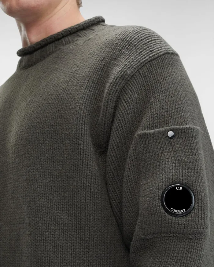 Man CP Company Jumpers Lambswool Lens Jumper Olive Night 8211 Green