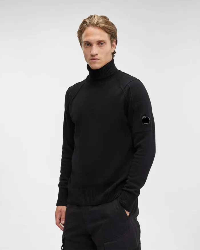 Man CP Company Jumpers Lambswool Roll Neck Jumper Black