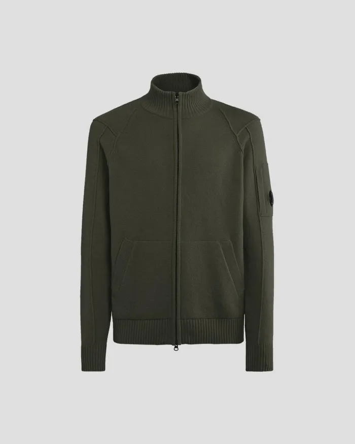 Man CP Company Jumpers Lambswool Zipped Knit Olive Night 8211 Green
