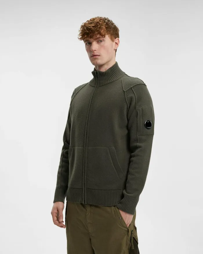 Man CP Company Jumpers Lambswool Zipped Knit Olive Night 8211 Green