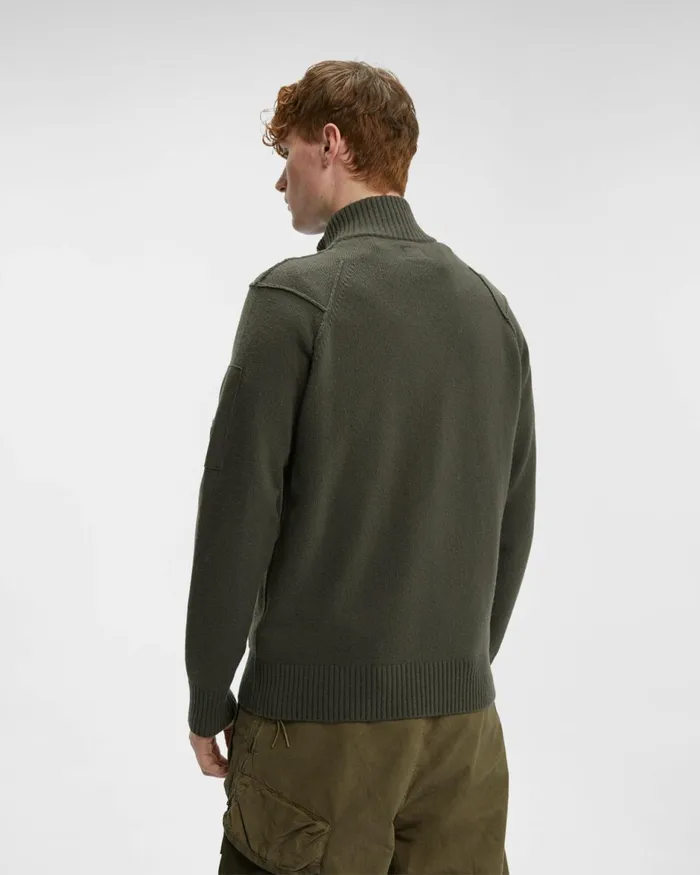 Man CP Company Jumpers Lambswool Zipped Knit Olive Night 8211 Green