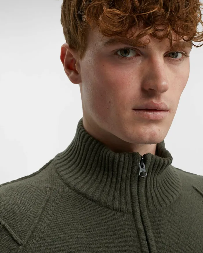 Man CP Company Jumpers Lambswool Zipped Knit Olive Night 8211 Green