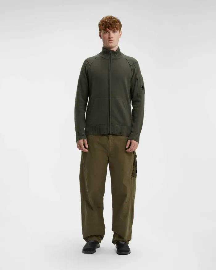 Man CP Company Jumpers Lambswool Zipped Knit Olive Night 8211 Green