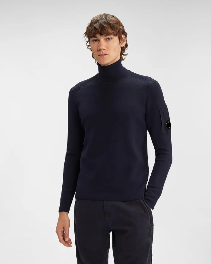 Man CP Company Jumpers ReWool Roll Neck Knit Total Eclipse 8211 Blue