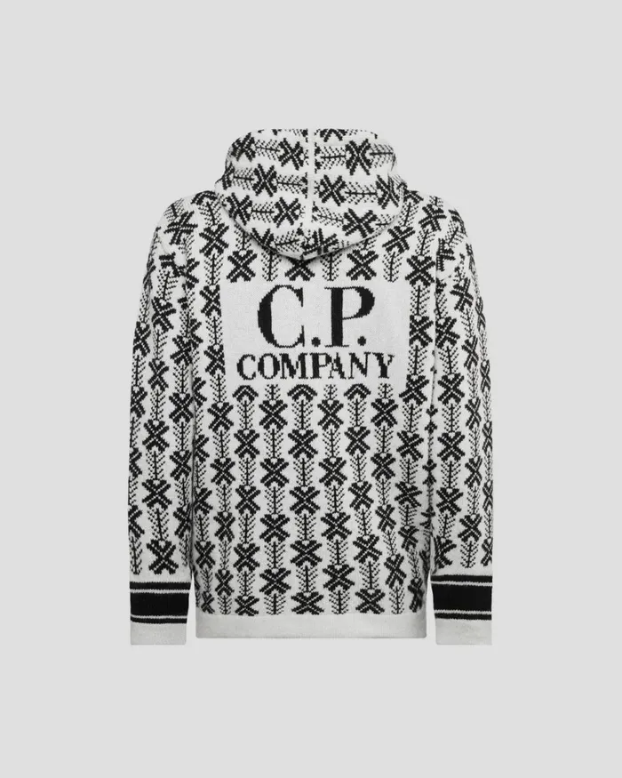 Man CP Company Jumpers Wool Jacquard Logo Hooded Knit Var01 8211 White