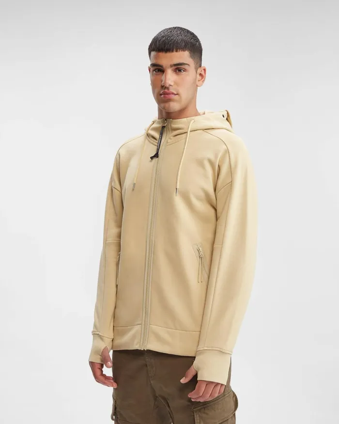 Man CP Company Sweatshirts Diagonal Raised Fleece Goggle Hoodie Mojade Desert 8211 Yellow