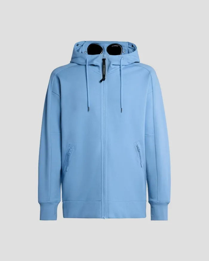 Man CP Company Sweatshirts Diagonal Raised Fleece Goggle Hoodie Riviera 8211 Blue