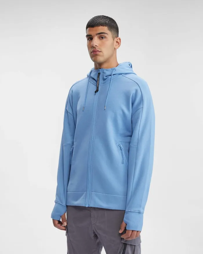 Man CP Company Sweatshirts Diagonal Raised Fleece Goggle Hoodie Riviera 8211 Blue