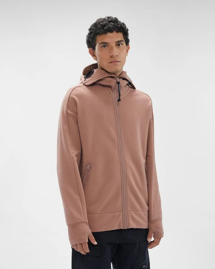 Man CP Company Sweatshirts Diagonal Raised Fleece Zipped Goggle Hoodie Cedar Wood 8211 Pink